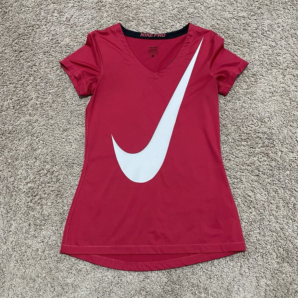 Nike Pro Shirt Womens Small Red Compression Athletic Running V-Neck Dri-FIT